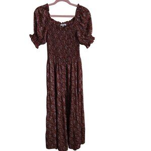 Max Studio Brick Red Ditzy Floral Smocked Crepe Tiered Maxi Dress Size S